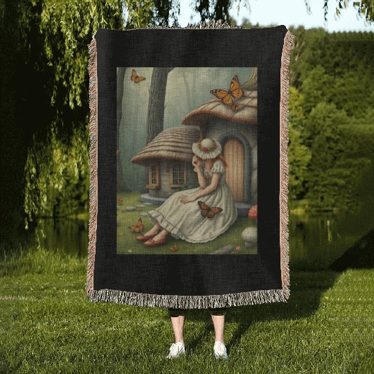 Mushroom Cottagecore Girl Woven Blankets