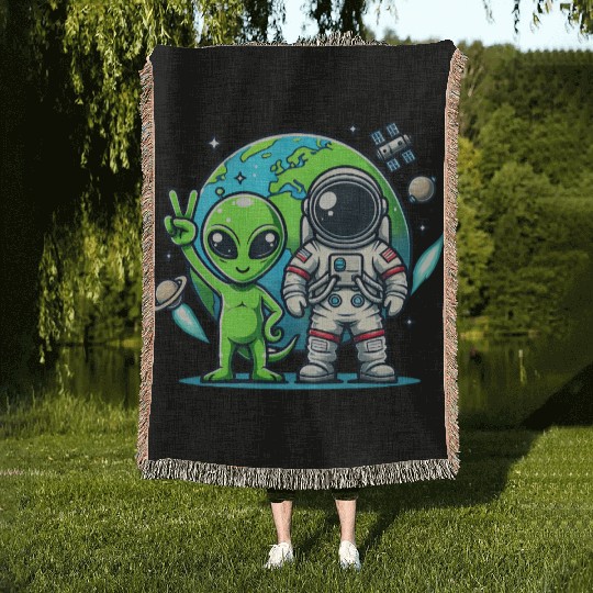 Alien Astronauts In Space Woven Blankets
