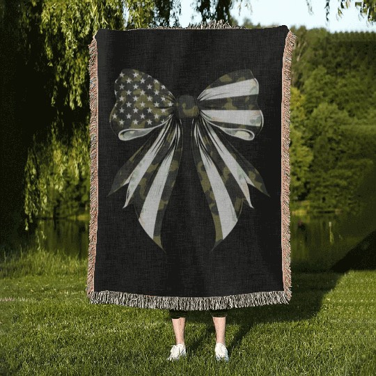 Coquette Bow Camouflage US Flag Pride Patriotic Woven Blankets
