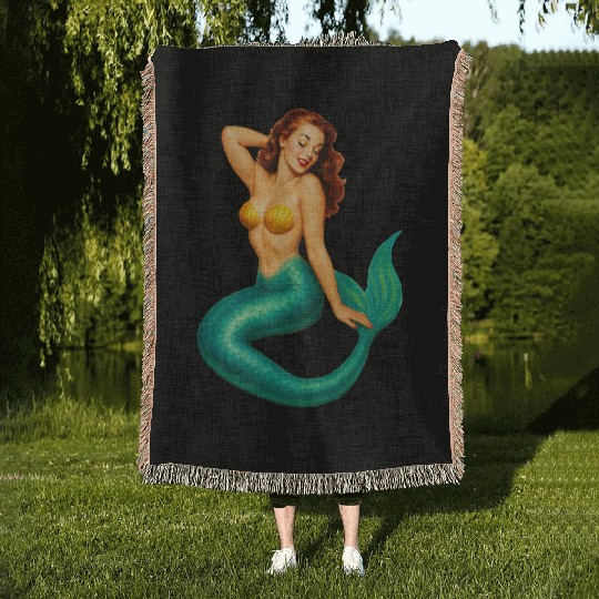 Classic Vintage Mermaid Pinup Woven Blankets