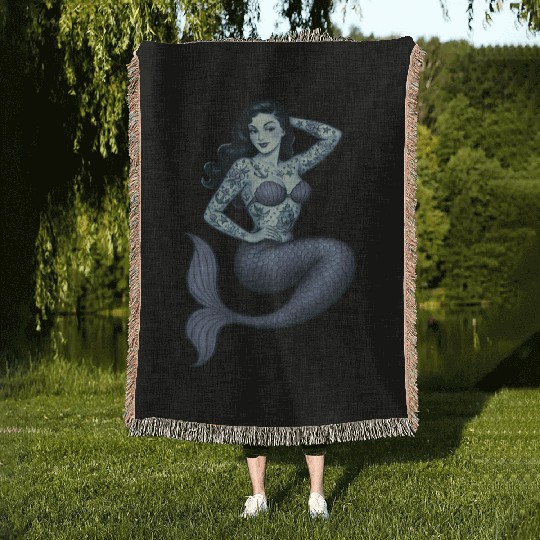 Old School Clasic Tattooed Mermaid Pinup Woven Blankets