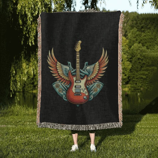 Vintage Retro 80s Rock Roll Music Guitar Wing Woven Blankets