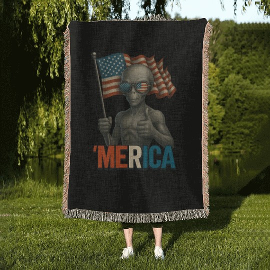 Thumbs Up Merica Alien 4th of July Funny Woven Blankets