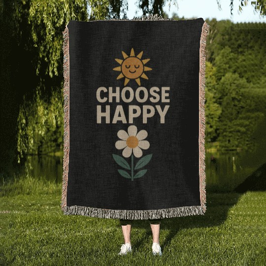 Choose Happy Retro Positivity Sun and Flower Woven Blankets