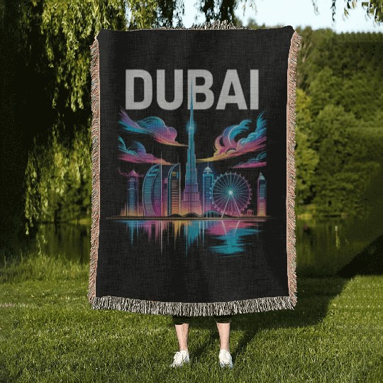 Dubai Skyline Neon Art Woven Blankets
