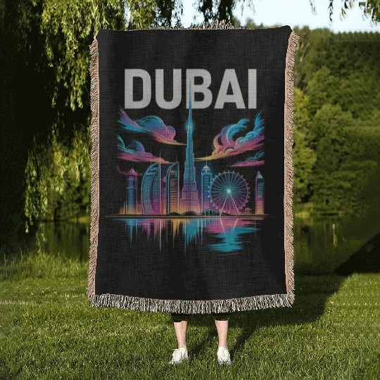 Dubai Skyline Neon Art Woven Blankets