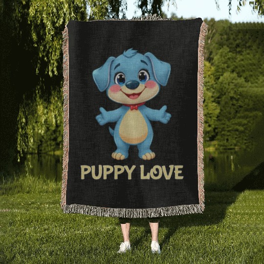 Blue Puppy Love Cartoon - Playful Pet Character Woven Blankets