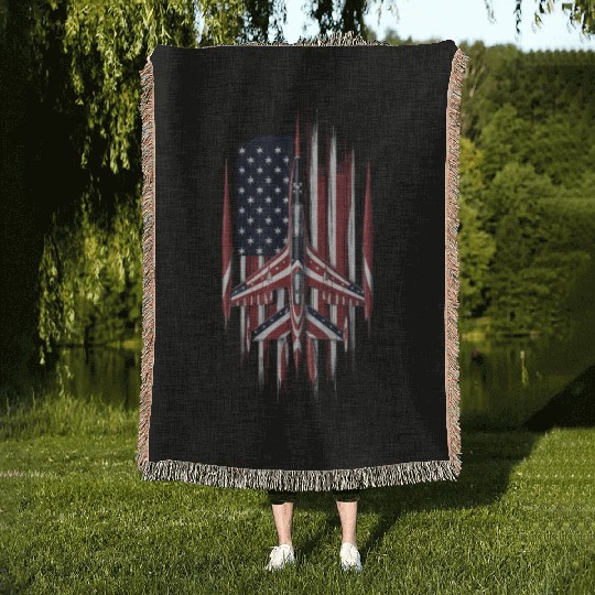 Patriotic Fighter Jet American Flag Art Woven Blankets