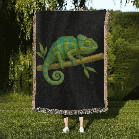 Colorful Chameleon on Bamboo Branch Woven Blankets
