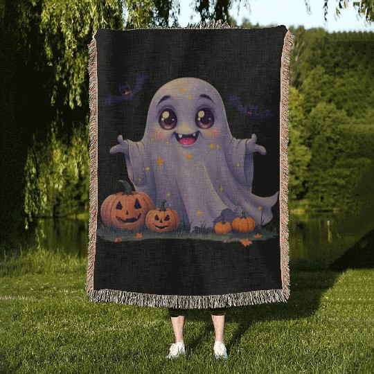 Adorable Rounded Ghost Cartoon Woven Blankets.