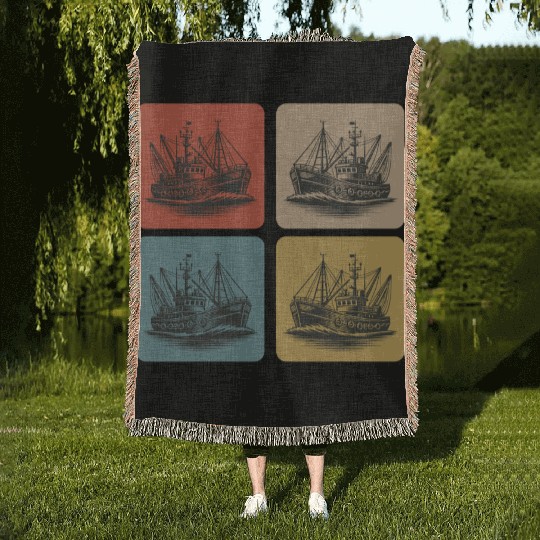 Vintage fishing boat - Maritime Nostalgia Woven Blankets