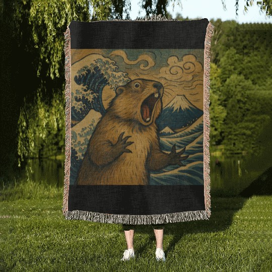 The Great Scream off Kanagawa – Marmot Overboard Woven Blankets