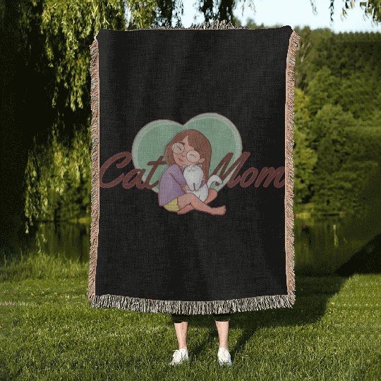 Cat Mom SVG – Girl Hugging White Cat with Heart Woven Blankets