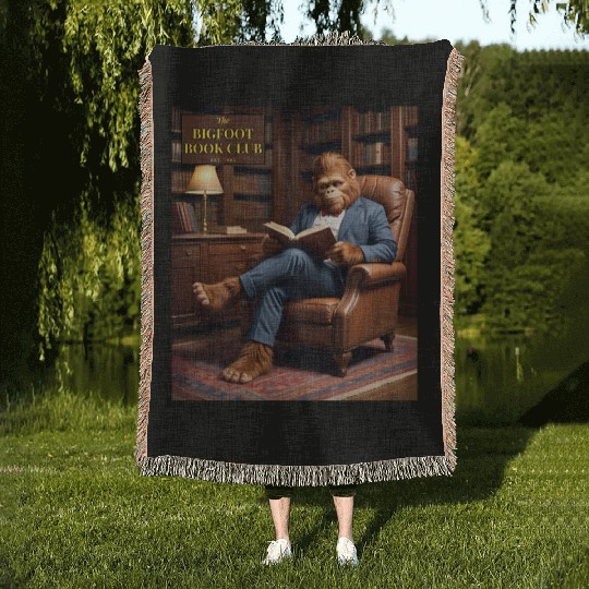 Bigfoot Book Club Sasquatch Reading in the Library Woven Blankets