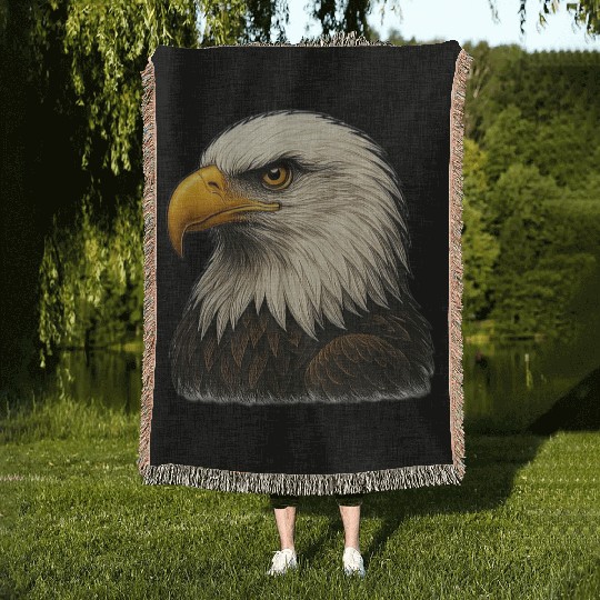 Majestic Bald Eagle Head Illustration Woven Blankets
