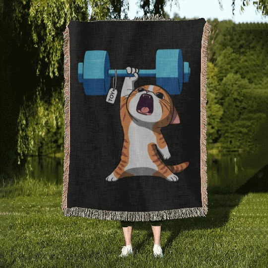 Workout Strength! Tiny Warrior Cat Huge Muscles. Woven Blankets