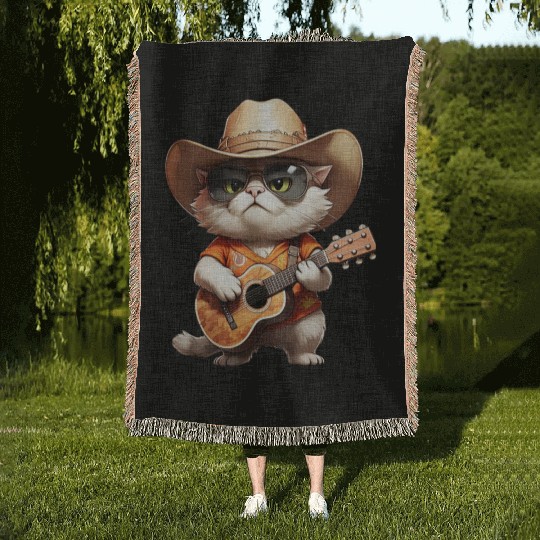 Orange Cowboy Cat with Guitar Woven Blankets