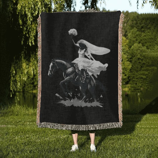 Western Cowgirl Bride on Bucking Horse – Grayscale Woven Blankets