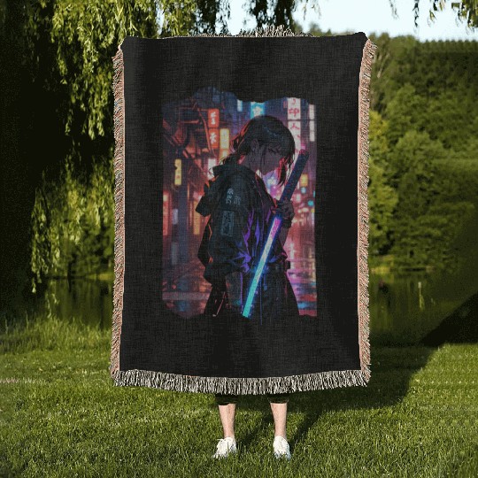 Cyberpunk Samurai Girl Woven Blankets