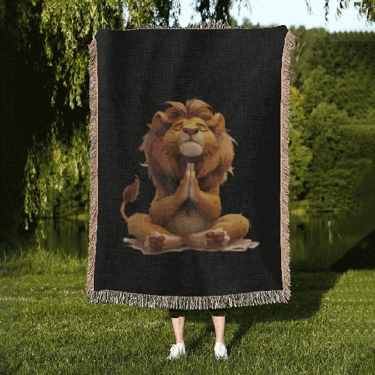 Calm Meditative Lion Yoga Pose Illustration for Woven Blankets