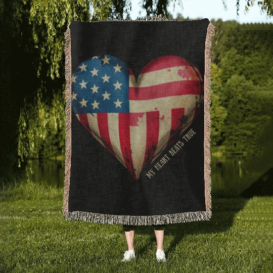 My Heart Beats True American Flag Woven Blankets