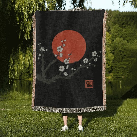 Cherry Blossom and Red Sun – Japanese Sumi-e Ink S Woven Blankets