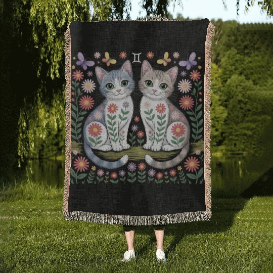 Gemini Zodiac Twin Cats Art Woven Blankets