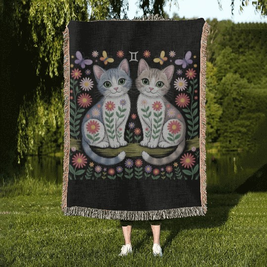 Gemini Zodiac Twin Cats Art Woven Blankets