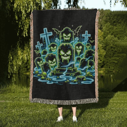 Neon Tomb Uprising – Glowing Graveyard Ghouls Woven Blankets