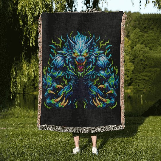 Neon Alpha Howler – Electric Werewolf Rage Woven Blankets