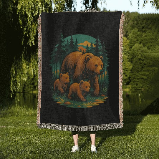 Mama Bear and Cubs Forest Woven Blankets – Bold Wildlife