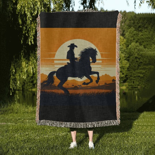 Cowboy & Horse Sunset Scene Woven Blankets Woven Blankets