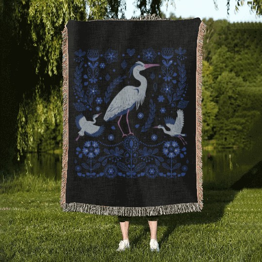 Great Blue Heron Folk Art Woven Blankets