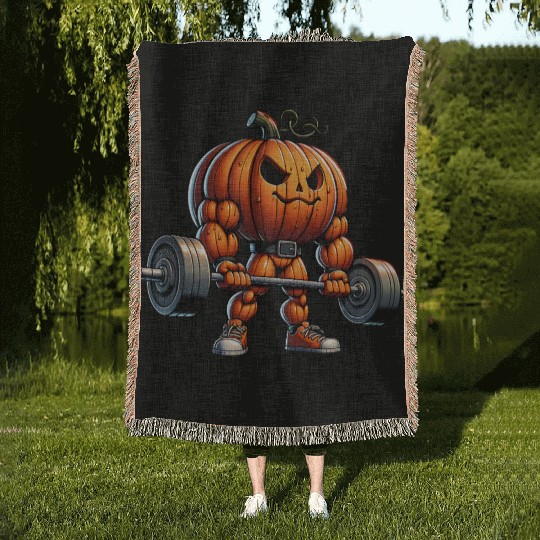 Muscle Pumpkin – Jacked Halloween Weightlifting Woven Blankets
