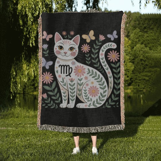 Virgo Zodiac Cat with Daisies Woven Blankets