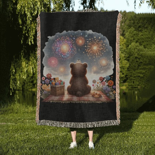 Fireworks Picnic Bear – Night Sky Celebration View Woven Blankets