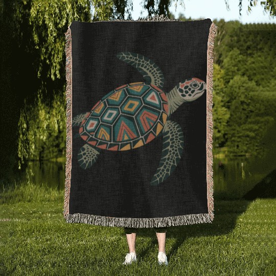 Sea Turtle Geometric Pattern Shell Woven Blankets
