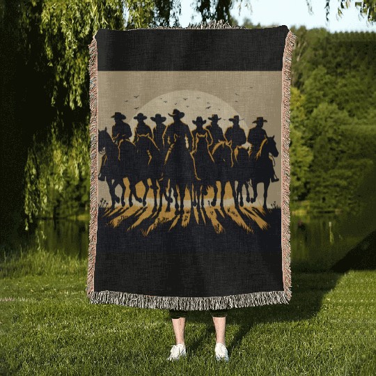 Western Sunset Cowboy Scene Woven Blankets