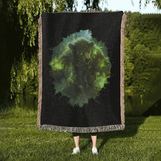 Magical Bear Warrior with Green Nature Energy Woven Blankets