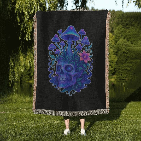 Fungi Mind - Trippy Skull Bloom Woven Blankets