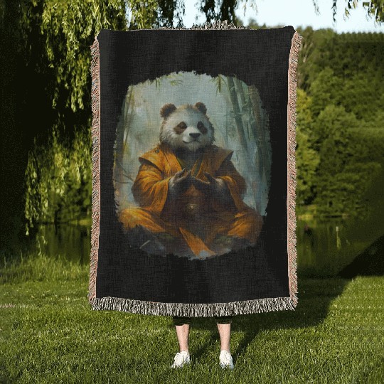 Meditating Panda In The Zen Bamboo Forest Woven Blankets