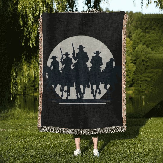 Western Sunset Horseback Ride Woven Blankets