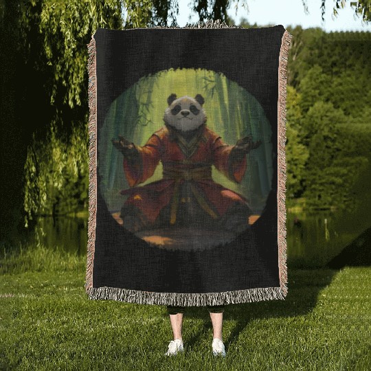 Meditating Panda In Bamboo Forest With Zen Energy Woven Blankets