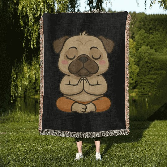 Cute pug yoga meditation relaxation cartoon Woven Blankets