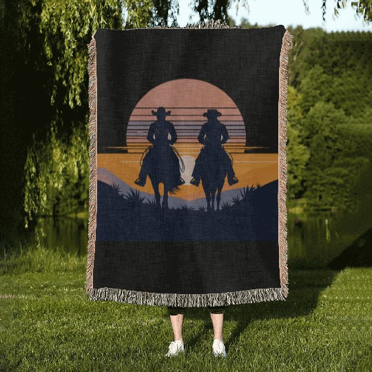 Western Sunset Silhouettes Woven Blankets