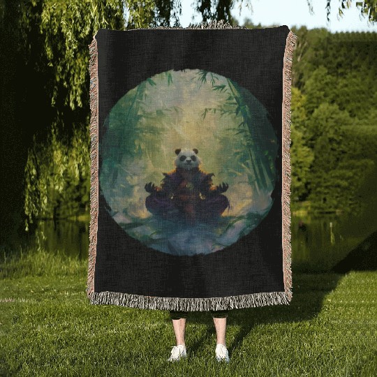Panda Meditates In A Bright Bamboo Forest Woven Blankets