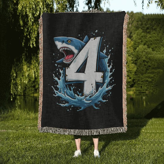 Shark Children Birthday with Number 4 Splash Woven Blankets