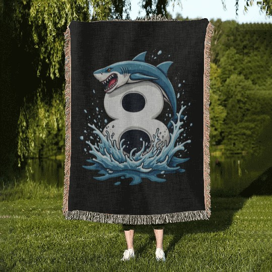 Shark Children Birthday Number 8 Splash Woven Blankets