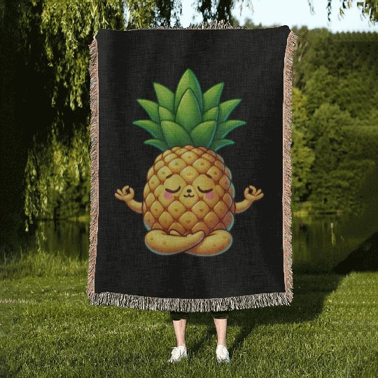 Cute pineapple cartoon yoga meditation relaxation Woven Blankets