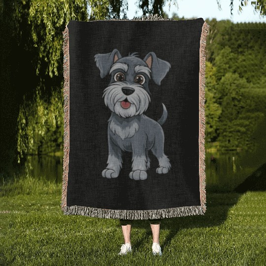 Adorable Schnauzer Pup Illustration With Big Eyes Woven Blankets